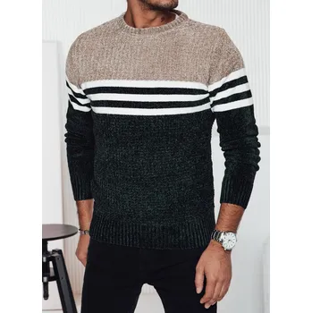 Pánský svetr Zeleno-béžový pánský teplý svetr s bílými pruhy WX2231 Velikost: 2XL