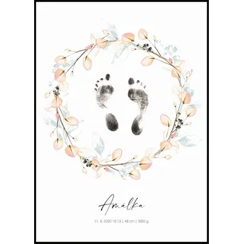 Plakát Jen tak z lásky Plakát Otisk nožiček Rozměr plakátu: 30 x 40 cm, Varianta plakátu: S údaji o narození, Barevná varianta věnce: Oranžové květiny
