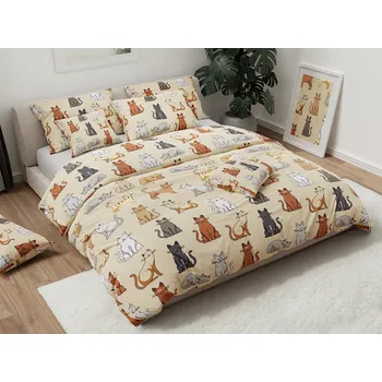 Povlečení Textilomanie Flanelové povlečení COLORED CATS krémové 200 x 220, 2x 70 x 90 cm knoflík