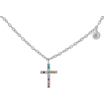 Řetízek Stříbrný náhrdelník křížek Leonie s barevnými Brilliance Zirconia LPS04165NMC