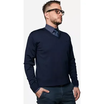 Pánský svetr Pánský vlněný svetr Merino s výstřihem hlubokým Modrá L