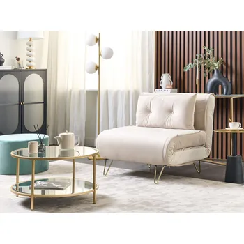 Pohovka Rozkládací pohovka béžová sametová pro 1 osobu vhodná na spaní s polštářem zlaté nohy glamour styl Beliani