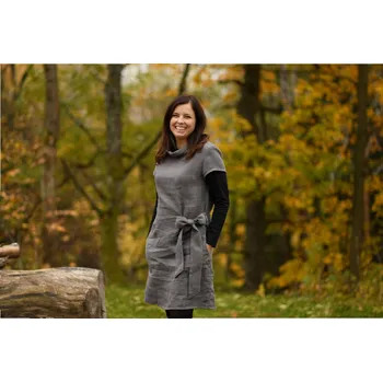 Dámské šaty Nelly Lněné šaty s mašlí - Tmavě šedé velikost: XXL