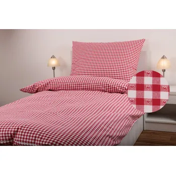 Povlečení JAN peří Kanafasové povlečení - červená kostka se srdíčkem - Kanafasové povlečení - červená kostka se srdíčkem - souprava povlečení 70x90 + 140x200