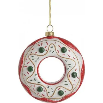 Vánoční dekorace Vánoční Koule Závěs na vánoční stromeček Donut červeno-bílá se zelenými kuličkami - 10 cm