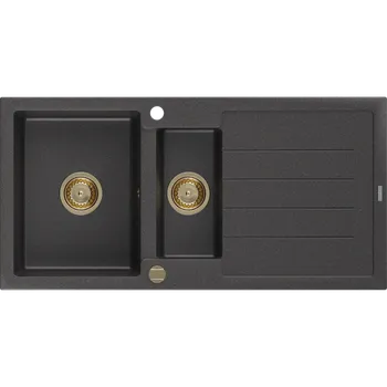 Granitový dřez Mexen Andres žulový dřez 1,5-komorový s odkapávačem 1000 x 500 mm černý tečkovaný, zlatý sifon - 6515101510-76-G Granitové dřezy