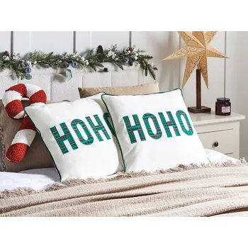 Bytový textil Sada 2 dekoračních polštářů bílá bavlněná látka vánoční vzor 45 x 45 cm dekorace příslušenství Beliani