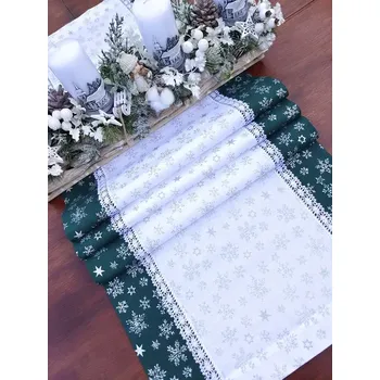 Vánoční dekorace Běhoun vánoční - stříbrné vločky na bílé lemované stříbrnými vločkami na zelené