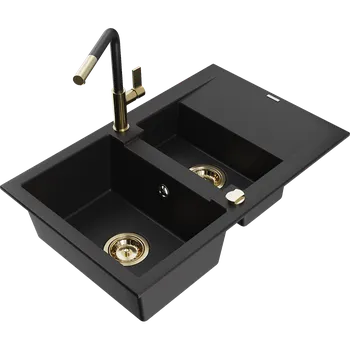 Mexen Gaspar granitový dřez 1,5-komorový s odkapávačem a kuchyňskou baterií Flora, černý - 6507-77-670401-57-G Granitové dřezy s baterií