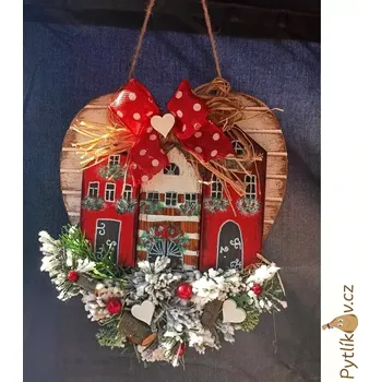 Vánoční dekorace Vánoční srdce svítící 25 x 30 cm - baterie jsou součástí (Závěsná dřevěná dekorace, vánoční domečky na srdci.)