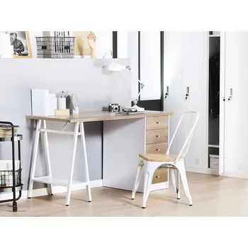 Psací stůl Psací stůl ze světlého dřeva, 140 x 60 cm, se zásuvkami, bílý rám Beliani