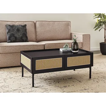 Konferenční stolek Konferenční stolek černý s ratanovým vídeňským výpletem MDF železný rám ratanové zásuvky 100 x 60 x 42 cm boho styl Beliani
