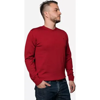 Pánský svetr Pánský vlněný svetr Merino s výstřihem Vínová L