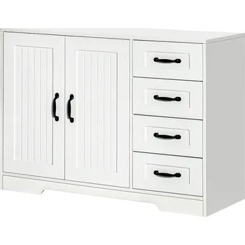 Komoda HOMCOM Příborník Bílá boční skříňka se 4 zásuvkami, nastavitelnou policí a ochranou proti překlopení do kuchyně a obývacího pokoje | Aosom.de
