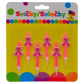 Svíčka Narozeninová svíčka s růžovým MEDVÍDKEM a držákem 6ks