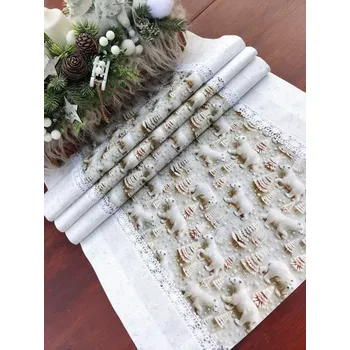 ubrus Běhoun vánoční - lední medvědi v kombinaci se stříbrnými lístečky na bílé