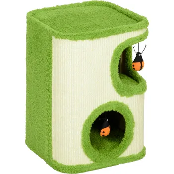 PawHut škrabací sud, 52 cm vysoký sud pro kočky se 2 jeskyněmi, škrabadlo s hračkou berušky, věž pro kočky ze sisalu, pro kočky do 5 kg, zelená+krémově bílá