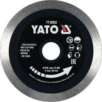 Řezný kotouč Diamantový kotouč YATO, řezný celoobvodový 125x22,2x1,6mm s vysokým segmentem 10mm YT-59952