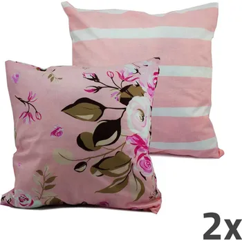 Povlak na dekorativní polštářek Home Elements Povlak na polštář růžový, růže a proužky, sada 2 ks
