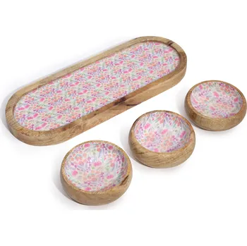 AWM Podnos z Mangového Dřeva se 3 Miskami - Květinový Vzor 1ks