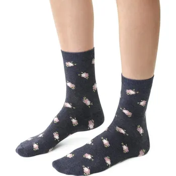 Dámské ponožky Tmavě modré dámské ponožky s květinami Art.099 DR024, JEANS MELANGE Velikost: 35/37