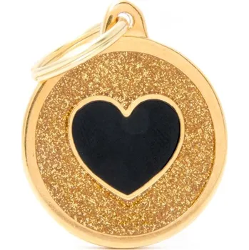 psí známka MY FAMILY GOLD BIG GLITTER CIRCLE BLACK HEART