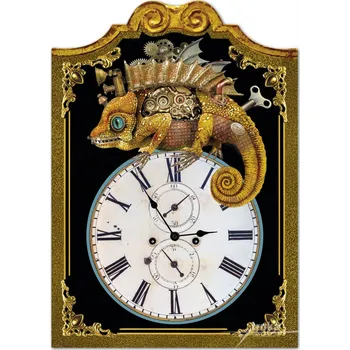 Hodiny Velké nástěnné dřevěné hodiny - Steampunk, Mechanický chameleon