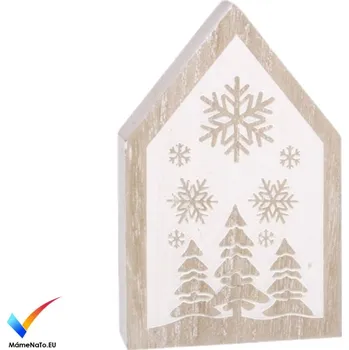 Vánoce Anděl Přerov Dřevěný domek na postavení s bílým potiskem 7,5x12x2cm