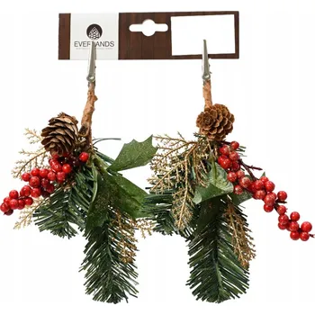 umělá květina Umělá Větvička smrková zelená červená zdobená s klipem 22cm 2ks