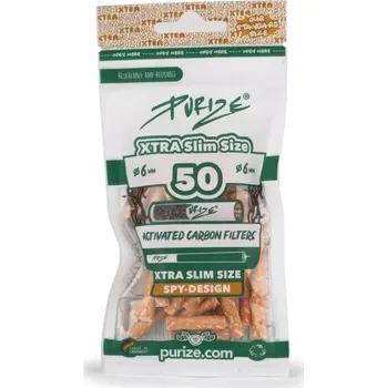 Purize XTRA Slim 6 mm filtry Spy 50 ks, BOX 20 ks (Purize XTRA Slim 6 mm filtry Spy 50 ks, v boxu 20 balení. Filtry PURIZE s aktivním uhlím jsou vyrobeny z ekologicky šetrných surovin. Cigaretové filtry aktivně snižují množství škodlivin vzniklých hořením