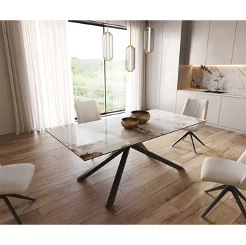 Jídelní stůl DELIFE Jídelní stůl Edge 200x100 keramika Minas melange bílá béžová křížová podnož pravoúhlý černá