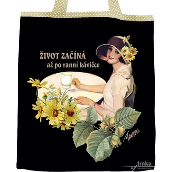 Nákupní taška Plátěná nákupní taška, Život začíná po ranní kávičce v černo béžové