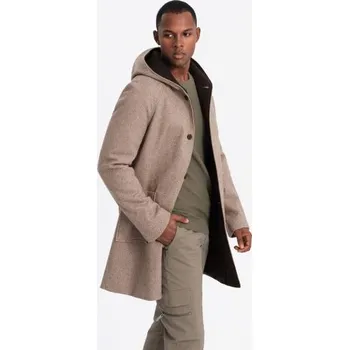 Pánský trenčkot Pánský melanžový dlouhý kabát s kapucí - šedý V1