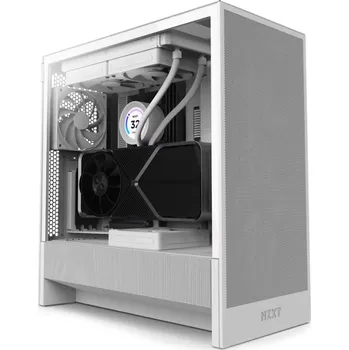 PC skříň NZXT H5 Flow bílá Skříň, Middle tower, bez zdroje, ATX, 1× USB-C, 1× USB 3.0, 2× 120mm ventilátor, průhledná bočnice, perforovaný panel, bílá CC-H52FW-01