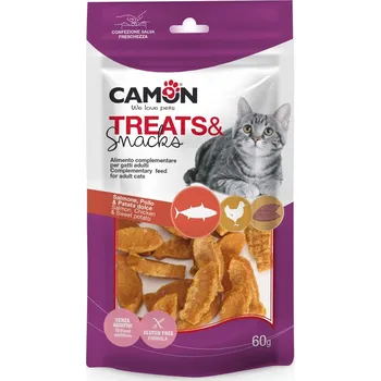 Pamlsek pro kočku CAMON SNACKS CAT LOSOS + KUŘE + BATÁTA 3x0,8 cm 60 g