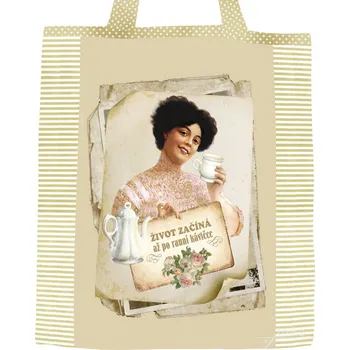 Nákupní taška Plátěná nákupní taška, Život začíná po ranní kávičce v pruhované