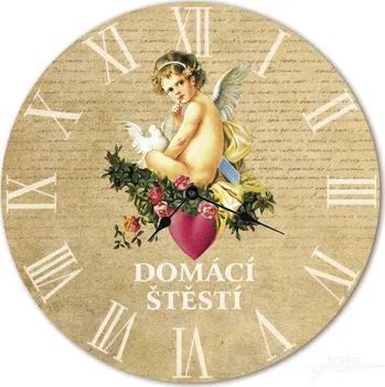 Hodiny Nástěnné dřevěné hodiny - Domácí štěstí s andílkem