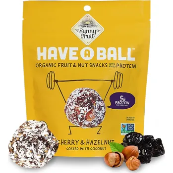 Sušené ovoce SUNNY FRUIT BIO Ovocné koule z datlí a višní s lískovými ořechy obalené v kokosu s proteinem BIO, 126g