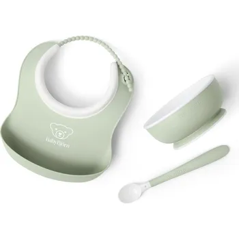 dětská jídelní sada BabyBjörn Set na krmení 3 dílný, malý bryndák, miska a lžička, pudrově zelený
