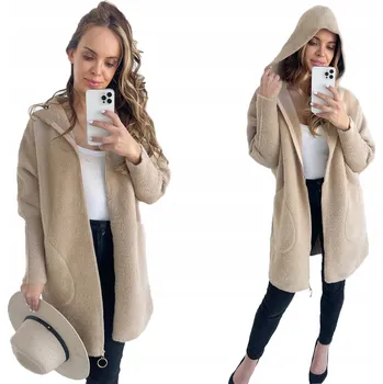 Dámský kabát Soprato dámský kabát béžový oversize s kapucí 05 zip kabát alpaka podzim zima s kapucí univerzální velikost