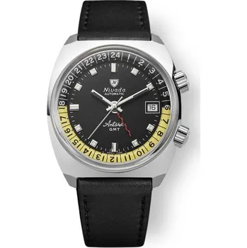 Hodinky Nivada Grenchen Antarctic GMT - Black - Black Leather + 5 let záruka a dárek ZDARMA