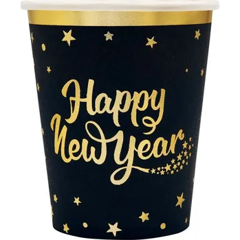 Party nádobí Party Pal Papírové kelímky Happy New Year, černé, zlaté, 220ml, 6ks