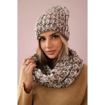 Čepice Komplet - dámská čepice s kožešinkovou bambulí + komín K202 hnědý+ecru