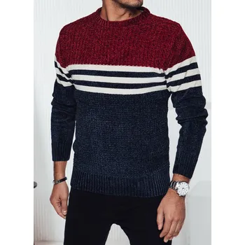 Pánský svetr Vínovo-modrý pánský teplý svetr s bílými pruhy WX2229 Velikost: 2XL