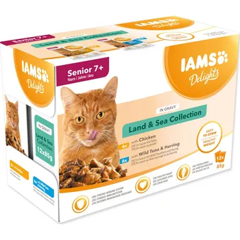 Krmivo pro kočku Kapsička IAMS Delights Senior mořské a suchozemské maso v omáčce 1020g (12x85g)