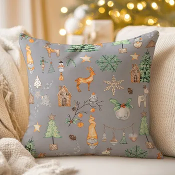 Povlak na dekorativní polštářek Vánoční bavlněný povlak na polštář Sandra SA-509 Vánoční skřítci a ozdoby na šedém 40 x 60 cm