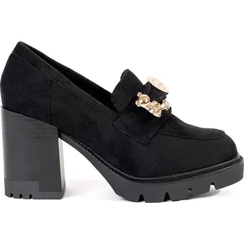 Dámské polobotky Černé dámské semišové polobotky na podpatku s kovovou ozdobou, podpatek 8,5 cm NS537P-B Velikost: 39