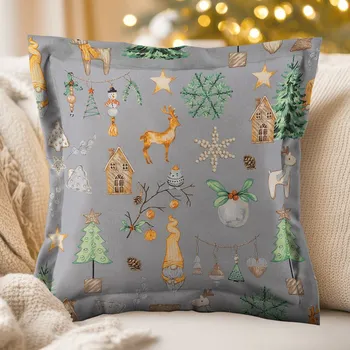 Povlak na dekorativní polštářek Vánoční bavlněný povlak na polštář s lemem Sandra SA-509 Vánoční skřítci a ozdoby na šedém 40 x 40 cm