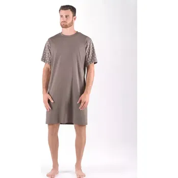 Pánská noční košile GINA pánské košile noční pánská krátký rukáv, šité, s potiskem Pyžama 2024 79176P káva šedobílá L