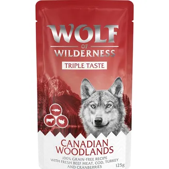 Krmivo pro psa 12x125g Wolf of Wilderness Adult "Triple Taste" - Canadian Woodlands - hovězí, treska, krůtí